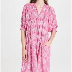NWT Mille Resort & Travel Saffron Midi Dress Caftan Pink Daisy Puff Sleeve Small